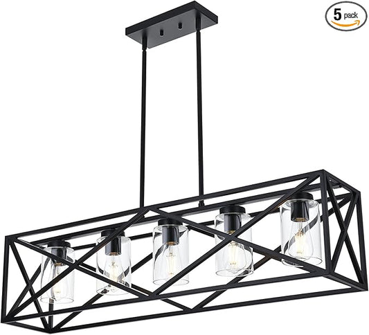 5-Lights Farmhouse Kitchen Island Light in Black Finish, Vintage Rectangular Linear Pendant Lighting Fixtures with Clear Glass Shades for Bar Pool Table