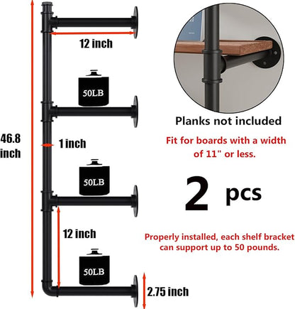Industrial Pipe Shelf Brackets Wall Mount,Open Black Pipe Shelving for Kitchen,Floating Shelf Brackets Mount,Open Bookshelf Brackets for Shelves,Wall Shelves 12 Inch Deep,(2PcsX4Tier,47" Tall)