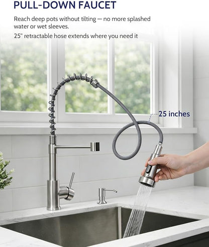 LUFEIDRA Kitchen Faucet with Pull Down Sprayer and Soap Dispenser, High Arc Spring 304 Stainless Steel Single Handle 1 or 3 Hole 2 Mode for Farmhouse RV Camper Laundry Wet Bar (Brushed Nickel)