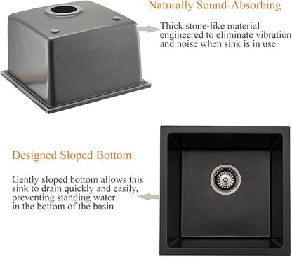 Black Bar Sink Undermount,16x16 Inch Small Wet Bar Sink Granite Composite Single Bowl Quartz Outdoor Rv Sink for Home Kitchen, Sink with Faucet Combo