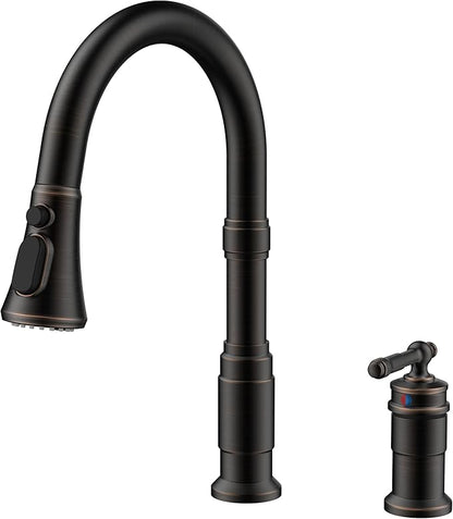 FORIOUS 2 Hole Kitchen Faucet with Pull Down Sprayer, Stainless Steel Rustic Kitchen Sink Faucet 3 Spray Modes with Single Seperate Handle, Suitable for Farmhouse Outdoor Rv Bar, Oil Rubbed Bronze