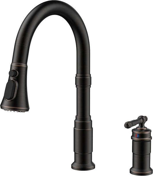 FORIOUS 2 Hole Kitchen Faucet with Pull Down Sprayer, Stainless Steel Rustic Kitchen Sink Faucet 3 Spray Modes with Single Seperate Handle, Suitable for Farmhouse Outdoor Rv Bar, Oil Rubbed Bronze