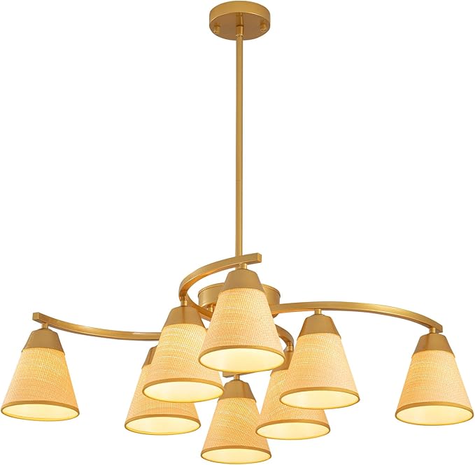 Boho Rattan Chandelier Light Fixture, Rustic Farmhouse Pendant Light with Handwoven Shade, 8-Light Adjustable Large Chandeliers for Dining Room,Kitchen Island, Bedroom, Living Room