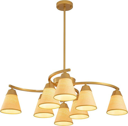 Boho Rattan Chandelier Light Fixture, Rustic Farmhouse Pendant Light with Handwoven Shade, 8-Light Adjustable Large Chandeliers for Dining Room,Kitchen Island, Bedroom, Living Room