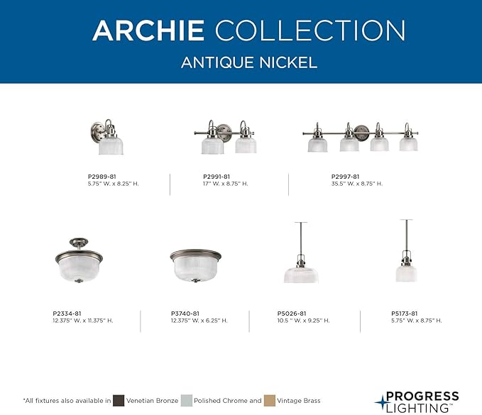Progress Lighting P5173-81 Archie-One Light Pendant, Antique Nickel Finish with Prismatic Glass