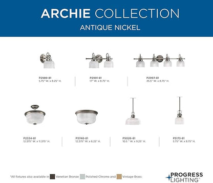 Progress Lighting P5173-81 Archie-One Light Pendant, Antique Nickel Finish with Prismatic Glass
