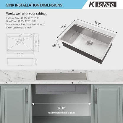 Kichae 33 Kitchen Sink Drop In - 33 x 22 Kitchen Sink Ledge Workstation Topmount Drop-In Single Bowl Stainless Steel 16 Gauge Single Bowl