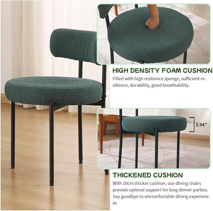 EDWELL Boucle Dining Chairs Set of 2, Round Upholstered Dining Room Chairs with Black Metal Legs, Modern Kitchen Chair for Dining Room, Kitchen