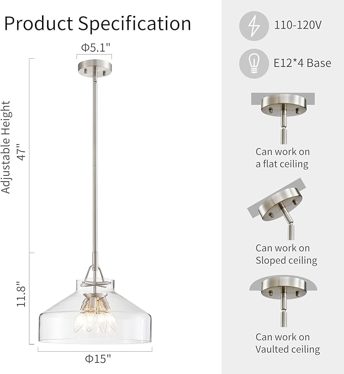 WUZUPS Chandelier Rustic Farmhouse Industrial Round Ceiling Pendant LED Light Fixture with Clear Glass Shades for Dining Room Kitchen Island Foyer Entryway, H 11.8" W 15", E26 Base, Gold