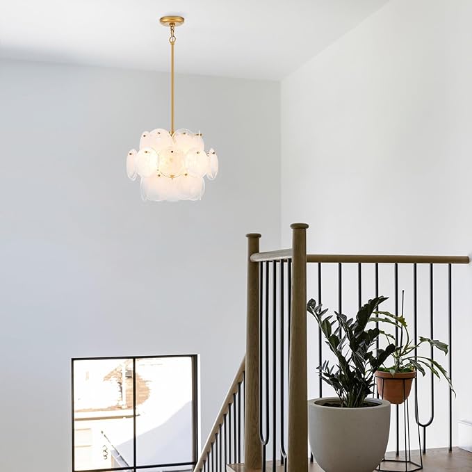 Dia 15.75 Inches Modern Glass Chandelier for Foyer, Gold Dining Room Light Fixture, Large Vintage Pendant Chandelier for Bedroom Entryway Farmhouse