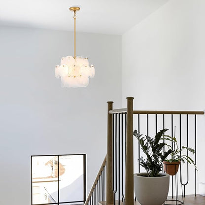 Dia 15.75 Inches Modern Glass Chandelier for Foyer, Gold Dining Room Light Fixture, Large Vintage Pendant Chandelier for Bedroom Entryway Farmhouse