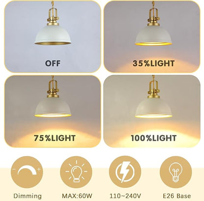 Modern White and Gold Pendant Lights,11.8" Vintage White Gold Pendant Light Fixtures Iron Dome Lighting Hanging Ceiling for Kitchen Island Dining Room Restaurant Bedroom Farmhouse Entrance
