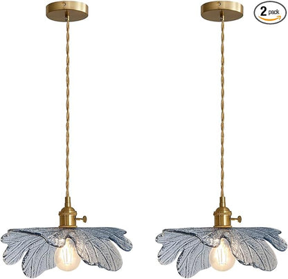 Glass Pendant Lights Kitchen Island 2 Pack Vintage Farmhouse Style with Blue Glass Flower Shade, Gold Unique Hanging Pendant Lighting for Dining Room Cabinets Bedroom entryway
