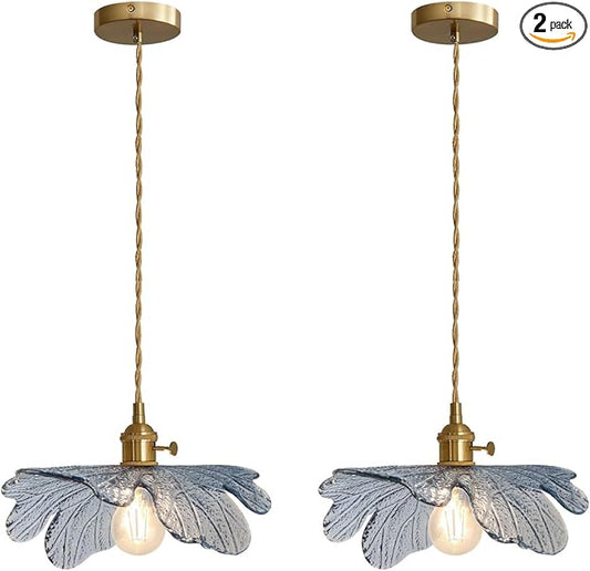 Glass Pendant Lights Kitchen Island 2 Pack Vintage Farmhouse Style with Blue Glass Flower Shade, Gold Unique Hanging Pendant Lighting for Dining Room Cabinets Bedroom entryway