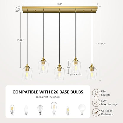 VONLUCE Pendant Lights Kitchen Island, Brushed Gold Pendant Light Fixtures with E26 Base & Adjustable Cable, Modern Pendant Lighting with Glass Shade for Living Room Bedroom Hallway, 5-Light