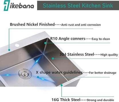 IKEBANA 25x22 Inch Brushed Nickel Kitchen Sink Drop in, 16 Gauge Stainless Steel Wet Bar Sink Topmount Single Bowl Small Kitchen Sinks, Outdoor RV Prep Sinks With Dish Grid& Drain