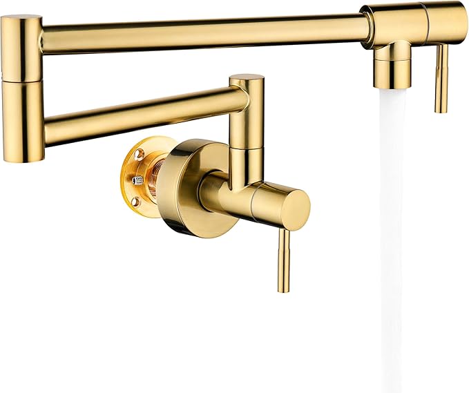 Fransiton Brushed Gold Pot Filler, Pot Filler Faucet Wall Mount, Brass Folding Stretchable with Double Joint Swing Arm Single Hole Two Handles Kitchen Restaurant