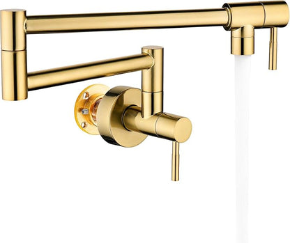 Fransiton Brushed Gold Pot Filler, Pot Filler Faucet Wall Mount, Brass Folding Stretchable with Double Joint Swing Arm Single Hole Two Handles Kitchen Restaurant