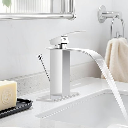 Chrome Bathroom Faucet with Lift Rod Drain, Waterfall Bathroom Sink Faucet Modern Single Handle Bathroom Faucte 1 or 3 Hole, RV Mixer Tap Vanity Faucet Washbasin Faucet with Deck