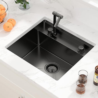 Sarlai Black Undermount Bar Sink With Foldable Faucet - 21x19 Inch Outdoor Black Kitchen Sink RV Workstation 16 Gauge Stainless Steel Single Bowl Handmade Outdoor BBQ Sinks with Lid