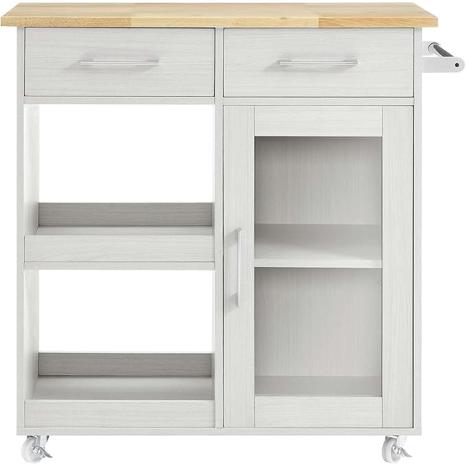 Modway Culinary Rolling Kitchen Cart with Storage in White Natural - 3 Tiers Kitchen Island on Wheels with Towel Bar, Functional as a Coffee Station, Bar Cabinet or Butcher Block Island
