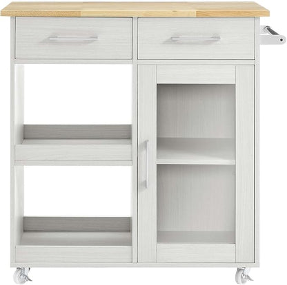 Modway Culinary Rolling Kitchen Cart with Storage in White Natural - 3 Tiers Kitchen Island on Wheels with Towel Bar, Functional as a Coffee Station, Bar Cabinet or Butcher Block Island