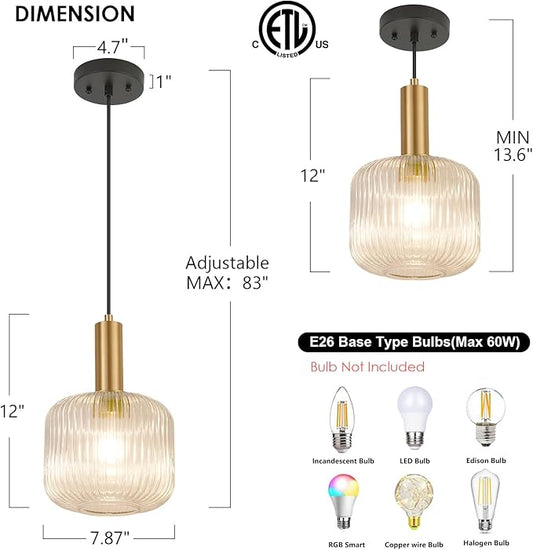 8 Inch Clear Glass Pendant Lights Small Modern Chandelier Pendant Lighting Mid Century Hanging Lights Adjustable Kitchen Island Light for Dining Room Bedroom Hallway