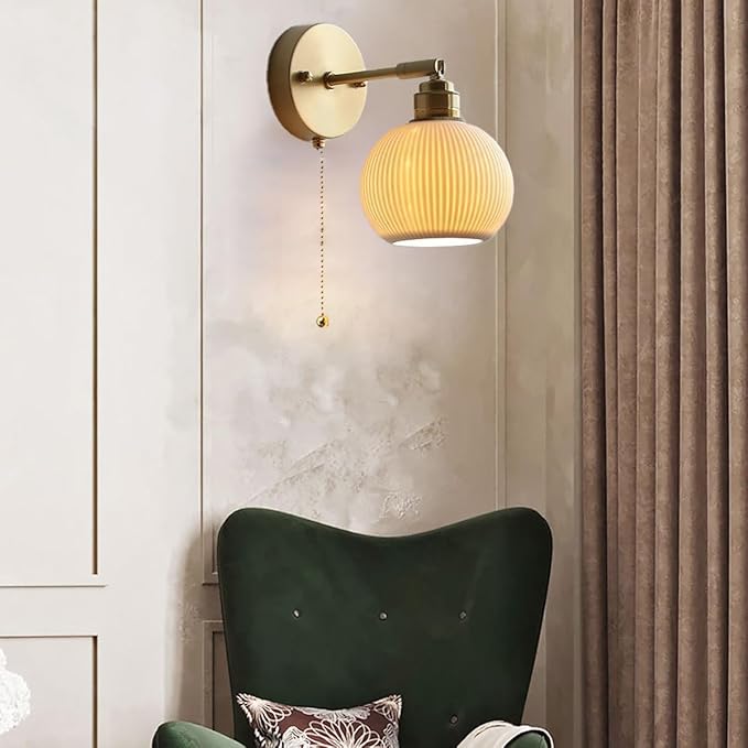 Vintage Wall Light Fixtures Ceramic Wall Lamp with White Globe Shade Gold Brass Wall Sconces Pull Chain Switch Wall Light for Bedroom Living Room Study Aisle