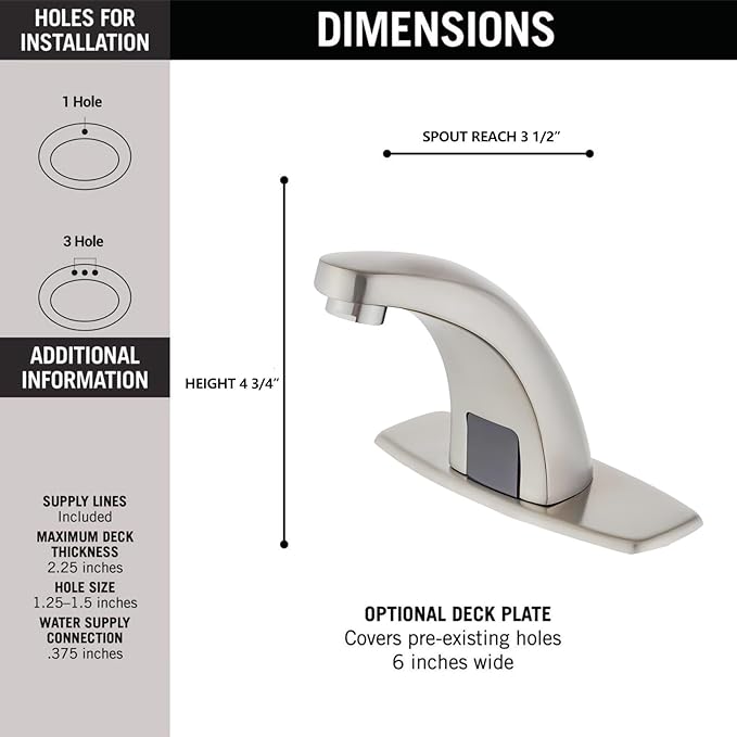 Brushed Nickel Touchless Bathroom Sink Faucet, Battery Operated Automatic Motion Sensor Hands Free Commercial Faucets with Hot & Cold Temperature Mixing Valve