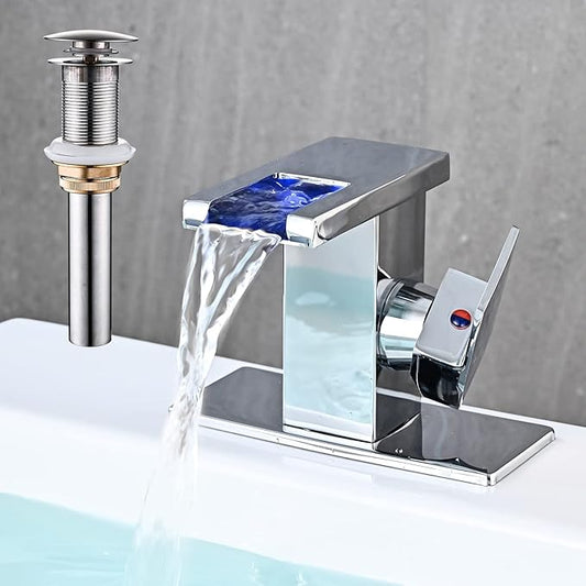AVSIILE LED Bathroom Sink Faucet, Chrome Waterfall Single Hole Handle Vanity Faucets for Sinks 1 Hole with Metal Pop Up Drain and 2 Water Supply Lines, Side Handle