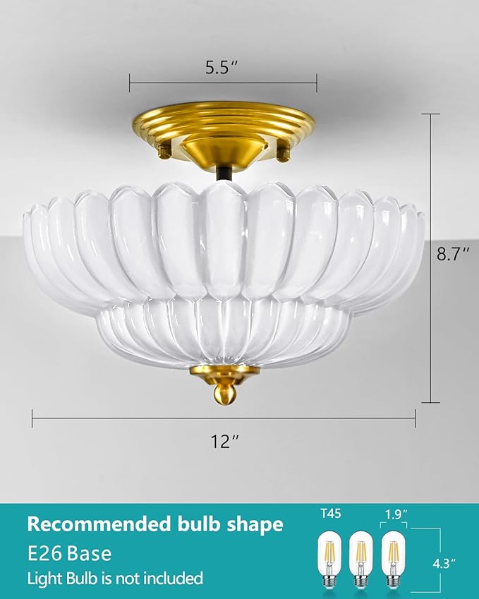 3-Light Corridor Fixture Semi-Recessed Ceiling Light White Glass Modern Lighting Suitable for Bedroom, Kitchen, Entryway, Bathroom Ceiling Installation