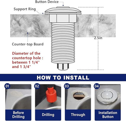 Garbage Disposal Switch, Cordless Air On Off Kit for Food Waste Disposer, Stainless Steel Polished, LONG 3.5" Sink Top Push Button by CLEESINK