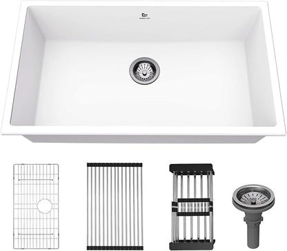 Quartz Kitchen Sink, 32 Inch White Undermount Kitchen Sinks, Deep Single Bowl Granite Composite Sink, Modern Sinks Providing Complete Accessories, Spacious Workspace and Easy Cleaning