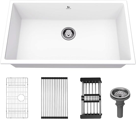 Quartz Kitchen Sink, 32 Inch White Undermount Kitchen Sinks, Deep Single Bowl Granite Composite Sink, Modern Sinks Providing Complete Accessories, Spacious Workspace and Easy Cleaning