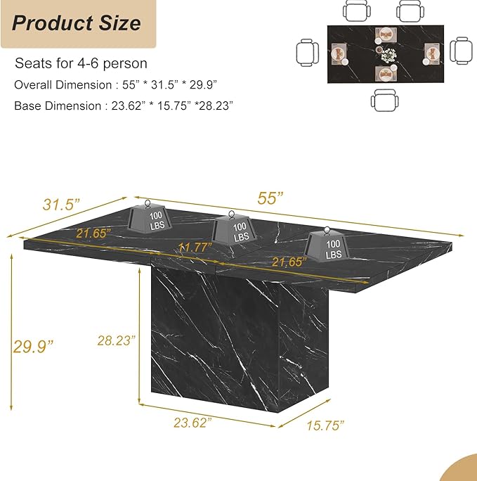 HSH 55 inch Dining Room Table for 4, Modern Black Faux Marble Dining Table, Rectangle Kitchen Table with Heavy Duty Pedestal, Industrial Wood Dinner Desk for Home Living Room, Black Marble, 55 Inch