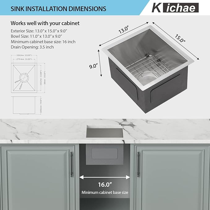 Kichae 13"x 15" Undermount Bar Sink Stainless Steel Single Bowl RV Outdoor Sink Basin Round Corner 16 Gauge Handmade