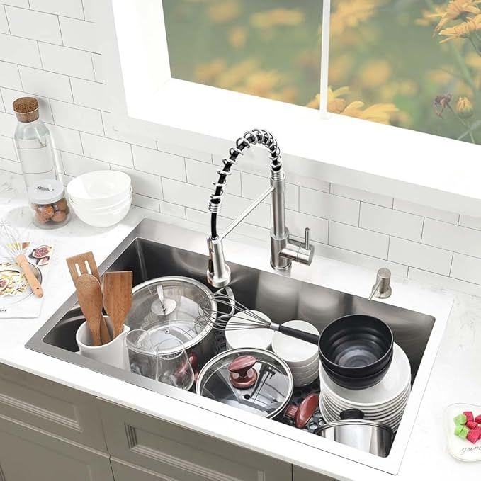 33 Inch Drop In Kitchen Sink with Faucet Combo- 33X19 Drop In Top Mount Kitchen Sink 18 Gauge Stainless Steel Deep Single Bowl Kitchen Sinks with Soap Dispenser