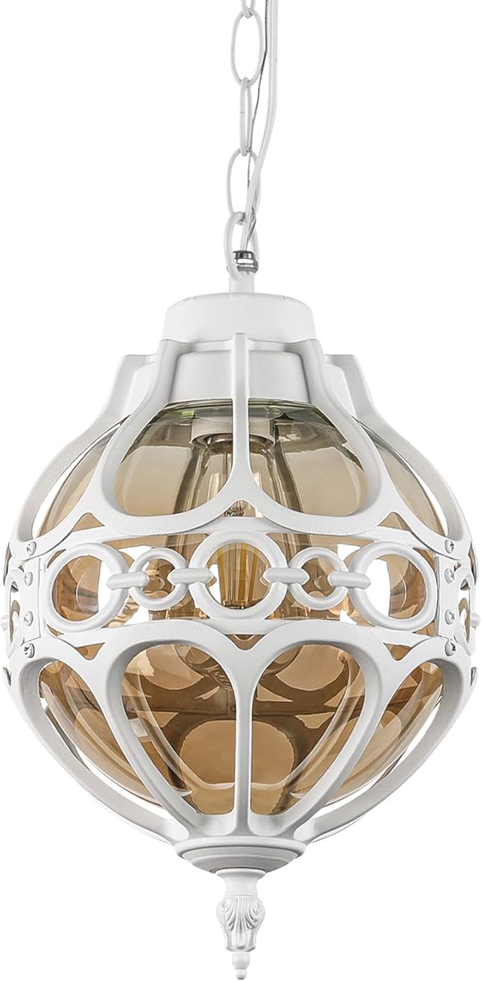 Retro Globe Outdoor Pendant Lights, White Aluminum Waterproof Hanging Light Fixture for Porch Entryway Hallway, Vintage Round Exterior Chandelier, Outside Pendant Lamp with Amber Glass