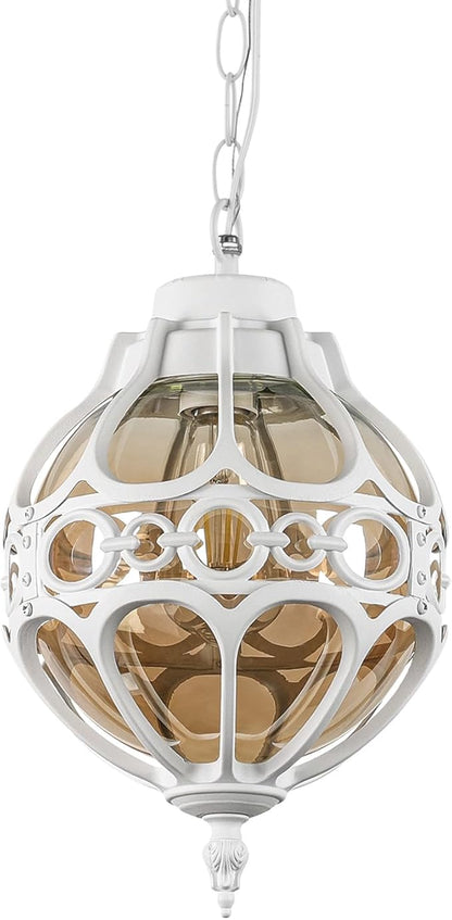 Retro Globe Outdoor Pendant Lights, White Aluminum Waterproof Hanging Light Fixture for Porch Entryway Hallway, Vintage Round Exterior Chandelier, Outside Pendant Lamp with Amber Glass