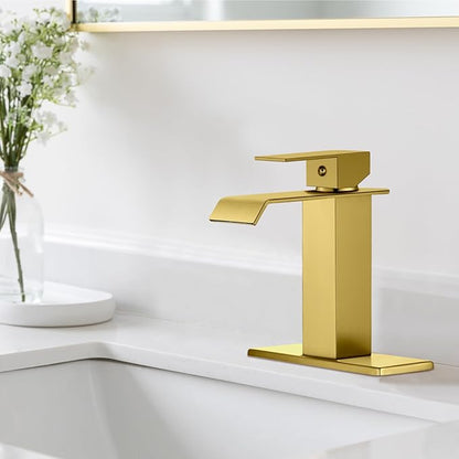Midanya Waterfall Bathroom Faucets, Single Handle 1 Hole Bathroom Sink Faucet Modern RV Vanity Restroom Lavatory Basin Faucet with Pop Up Drain and Water Supply Lines,Brushed Gold