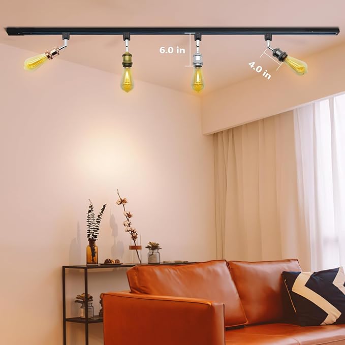 E26 Track Light Heads H Type Track Lighting Heads Direction Adjustable LED Track Lights Fixture Dimmable for Kitchen, Retro Vintage Style, Bulbs Not Included - Pack of 4(Pear Black)