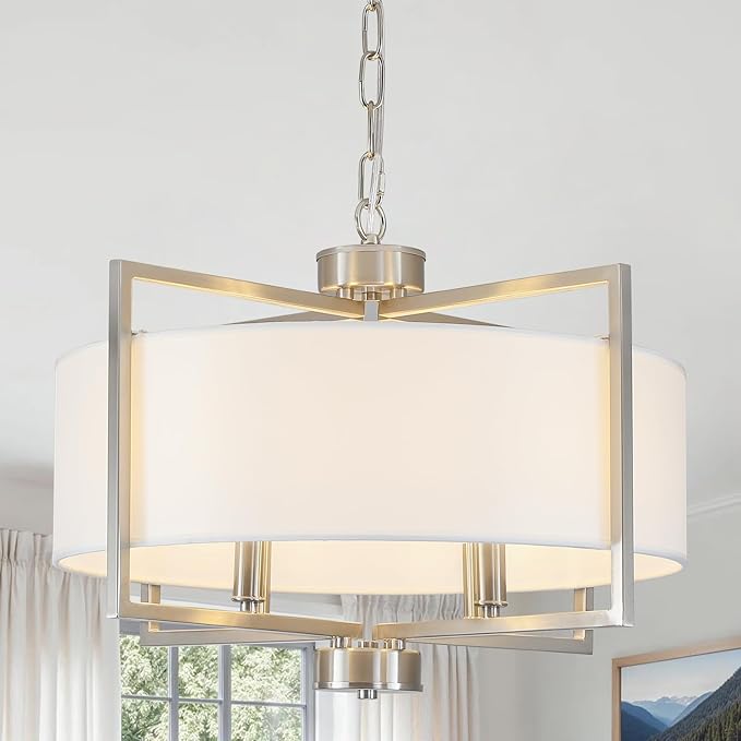 19.7'' Drum Chandeliers for Dining Room, 4-Light Brushed Nickel Rustic Kitchen Island Pendant Lighting with Wihte Fabric Lampshade, Adjustable Hanging Light Fixture for Foyer Bedroom Living Room