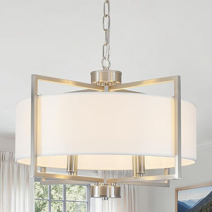 19.7'' Drum Chandeliers for Dining Room, 4-Light Brushed Nickel Rustic Kitchen Island Pendant Lighting with Wihte Fabric Lampshade, Adjustable Hanging Light Fixture for Foyer Bedroom Living Room