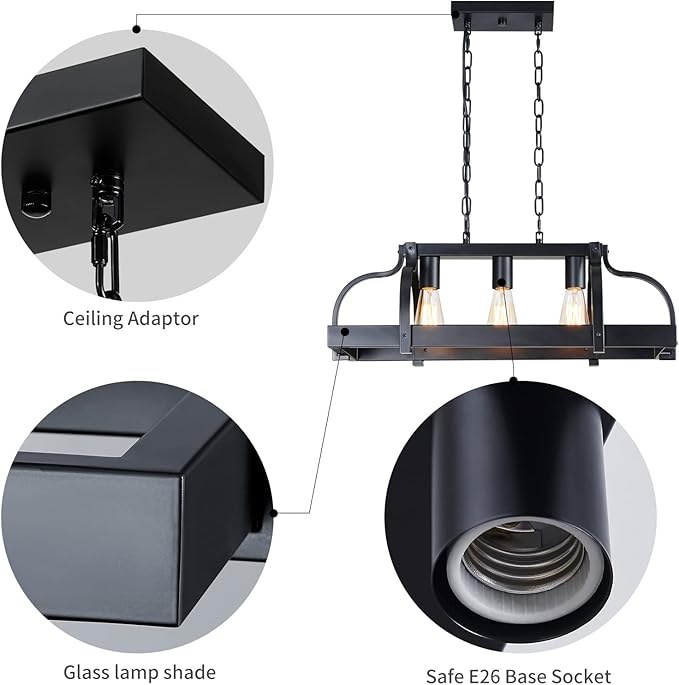 WUZUPS 3-Light Metal Pot Hanging Rack Chandelier Linear Pendant Ceiling Lighting Rustic Farmhouse Fixture Kitchen Island Dining Room, H 9.8" L 24.8" W11.8, E26 Base, Black