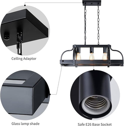 WUZUPS 3-Light Metal Pot Hanging Rack Chandelier Linear Pendant Ceiling Lighting Rustic Farmhouse Fixture Kitchen Island Dining Room, H 9.8" L 24.8" W11.8, E26 Base, Black