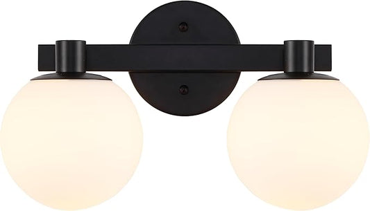 JONATHAN Y 15.25" Black/White Modern Globe LED Vanity Wall Sconce Light, White Frosted Glass Shade, Mid-Century Art Deco Wall Lamp for Bathroom, Kitchen, Hallway (JYL3541B)