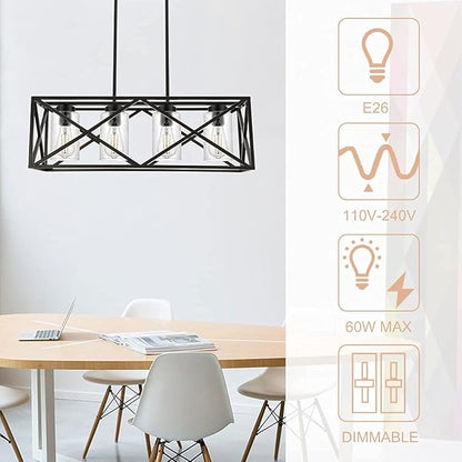 4-Lights Black Farmhouse Rectangle Chandelier Dining Room Light Fixtures, 30.4-Inches Length Contemporary Kitchen Island Pendant Lighting with Seeded Glass Lampshades
