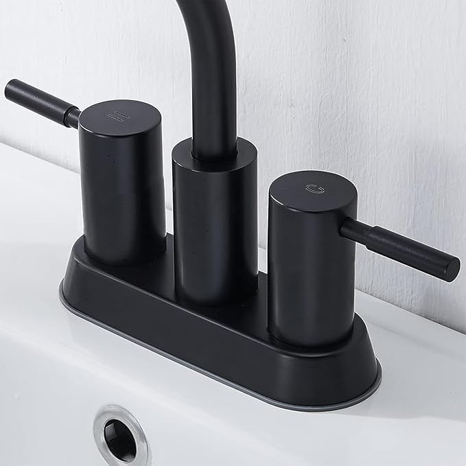 IKEBANA Modern Matte Black Bathroom Faucet, 2 Handle 4 Inch Centerset Sink Faucet, 360° Swivel High-Arc Spout Stainless Steel for RV Vanity Lavatory with Pop-up Drain and Supply Lines