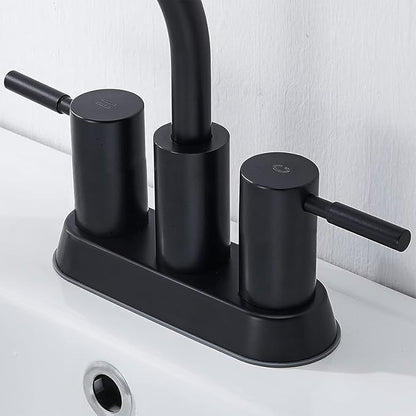 IKEBANA Modern Matte Black Bathroom Faucet, 2 Handle 4 Inch Centerset Sink Faucet, 360° Swivel High-Arc Spout Stainless Steel for RV Vanity Lavatory with Pop-up Drain and Supply Lines