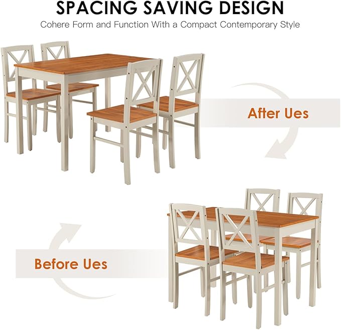 Majnesvon 5 Piece Dining Table Set for 4, Farmhouse Kitchen Table Set with Chairs, Wood Dining Table Chair for Kitchen, Restaurant, Apartment (Grey+Brown)